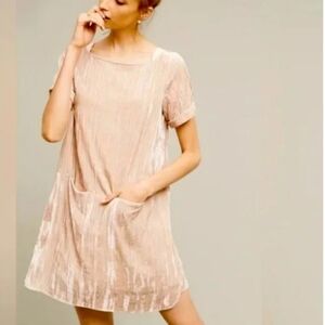 Floreat x Anthropologie Crushed Velvet Dress Blush Pink Champagne Pockets